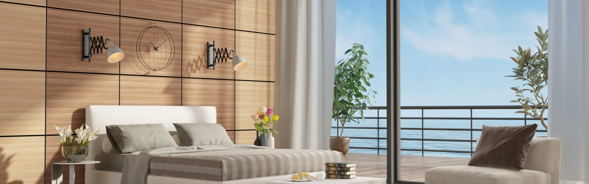 Mastre bedroom with terrace overlooking the sea and double bed against wooden paneling - 3d rendering